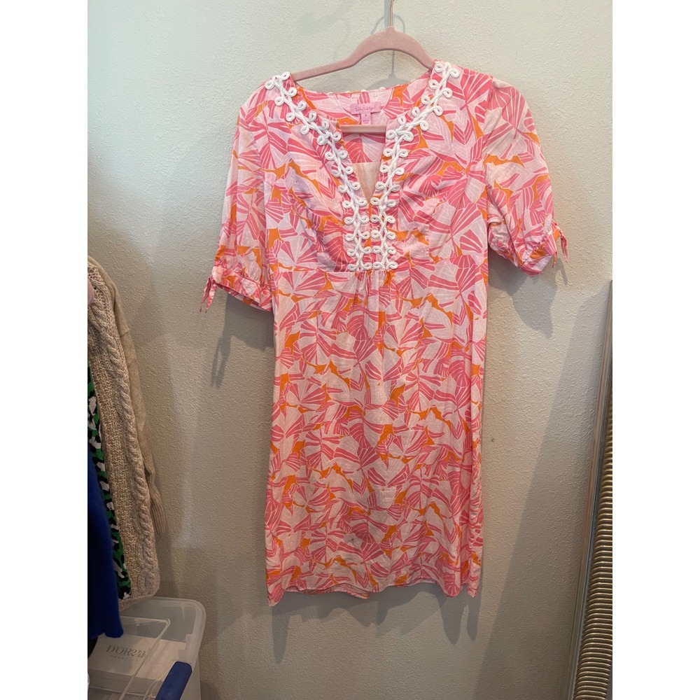 Lilly Pulitzer Pink Orange Shell Print Linen Soutache Trim Dress Womens Small